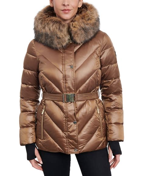 michael michael kors women's shine belted faux-fur-trim hooded puffer coat|Belted Puffer Coat .